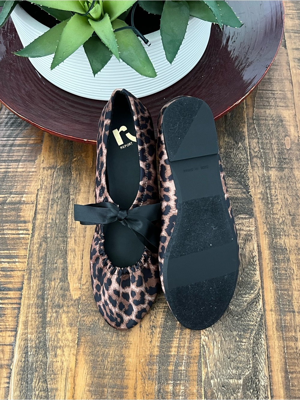 Report Leopard Print Satin Ballet Flats with Bow - Brown/Black